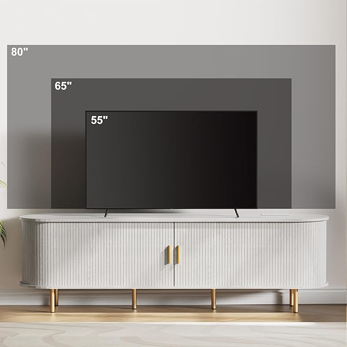 DHH 70.8 Inch Mid Century Modern TV Stand with Power Outlet for TVs up to 80 Inch, Entertainment Center with Storage and Adjustable Shelves, Media Console with Sliding Doors for Living Room(White)