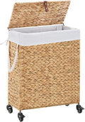 Rolling Laundry Hamper with Lid and Wheels, Slim Laundry Basket with Removable Liner Bag & 2 Mesh Bags, Handwoven Water Hyacinth Clothes Hamper for Bedroom Bathroom (Natural, 65L)