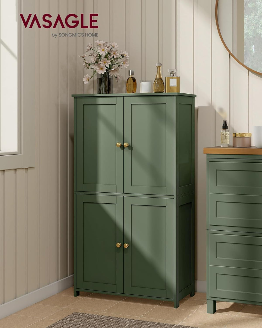 VASAGLE Floor Storage Cabinet, 2 Adjustable Shelves, 4 Doors,42.7" H