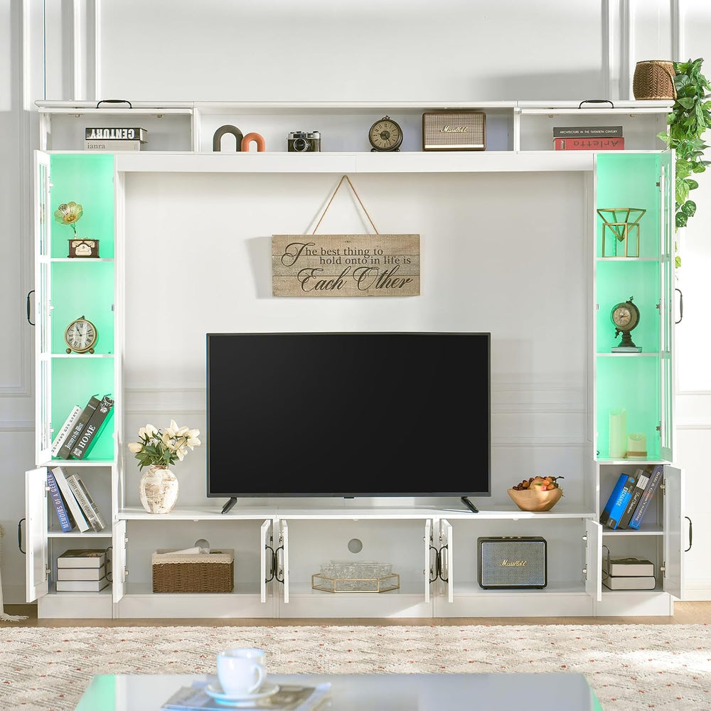 LUXOAK 98" Wide Wall Unit TV Stand with Storage Bookshelves & LED Li...
