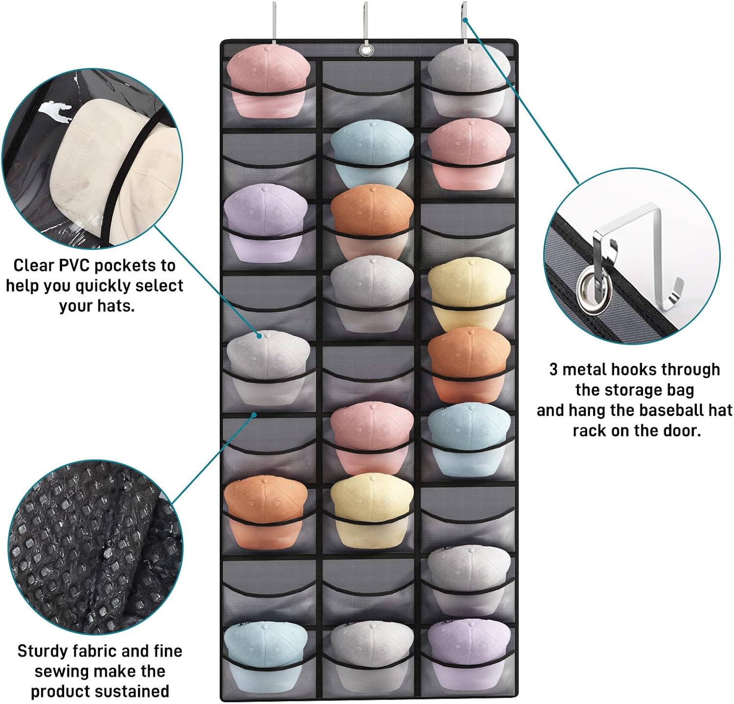 Hat Organizer Over Door Baseball Caps Holder 27 Pocket Storage Rack Grey | 27 Clear Deep Pockets, 3 Hooks, over-Door Hanging Design, for Baseball Caps, Closet Wall and Door Storage