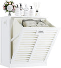 HITNET Tilt Out Laundry Hamper Cabinet, Bathroom Laundry Cabinet with 16 Gallon Clothes Basket, Space Saving Freestanding Bamboo Storage Organizer for Towels and Toys, White