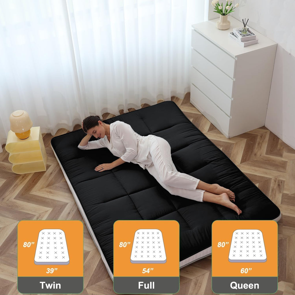 Full Size Futon Mattress - Fleece Foldable Japanese Floor Mattress - Super Soft Fuzzy Sleeping Pad for Adults - Tatami Mat Suitable for Camping & Guest & RV Mattress- Black (Full:80"L x 54"W x 4"Th)