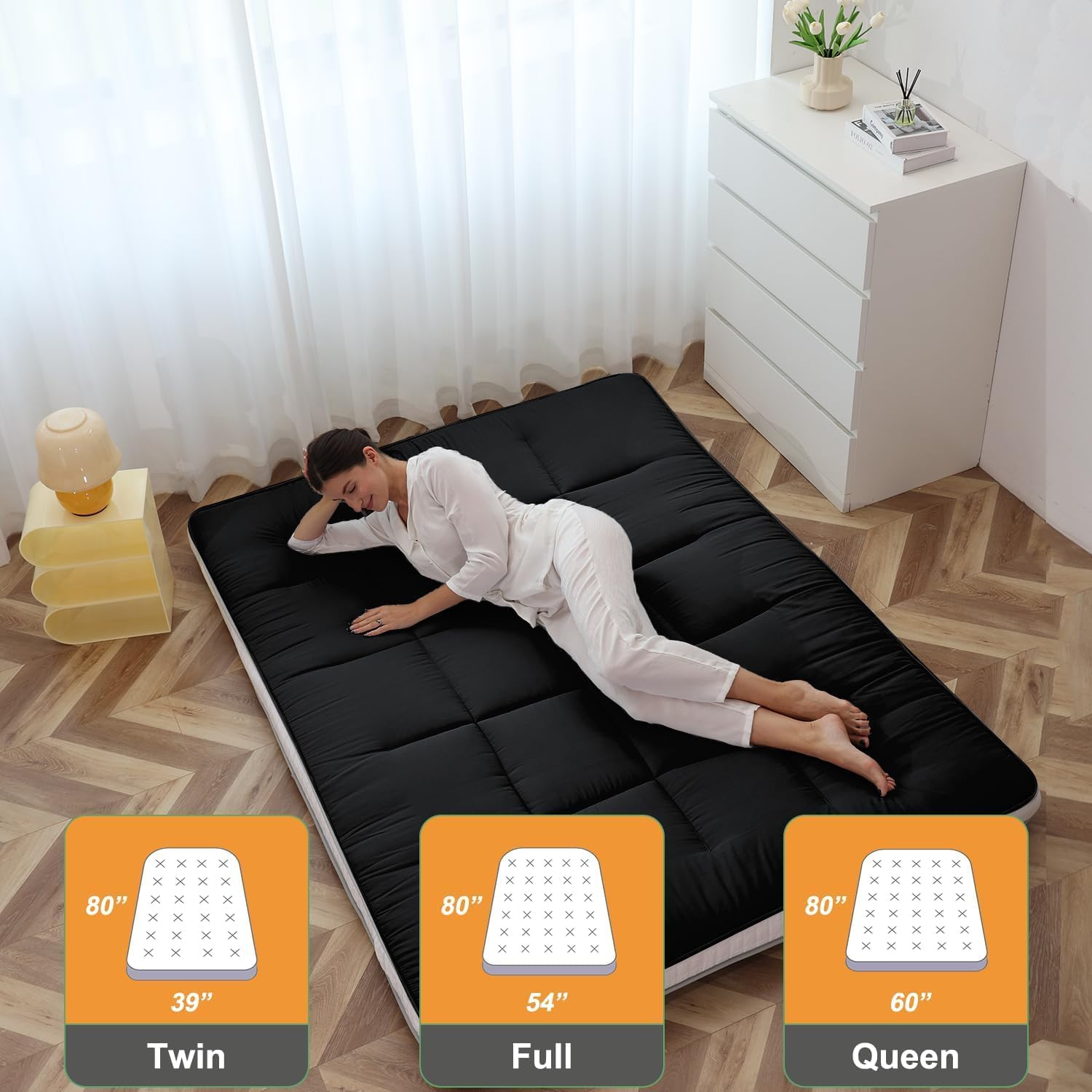 Full Size Futon Mattress - Fleece Foldable Japanese Floor Mattress - Super Soft Fuzzy Sleeping Pad for Adults - Tatami Mat Suitable for Camping & Guest & RV Mattress- Black (Full:80"L x 54"W x 4"Th)