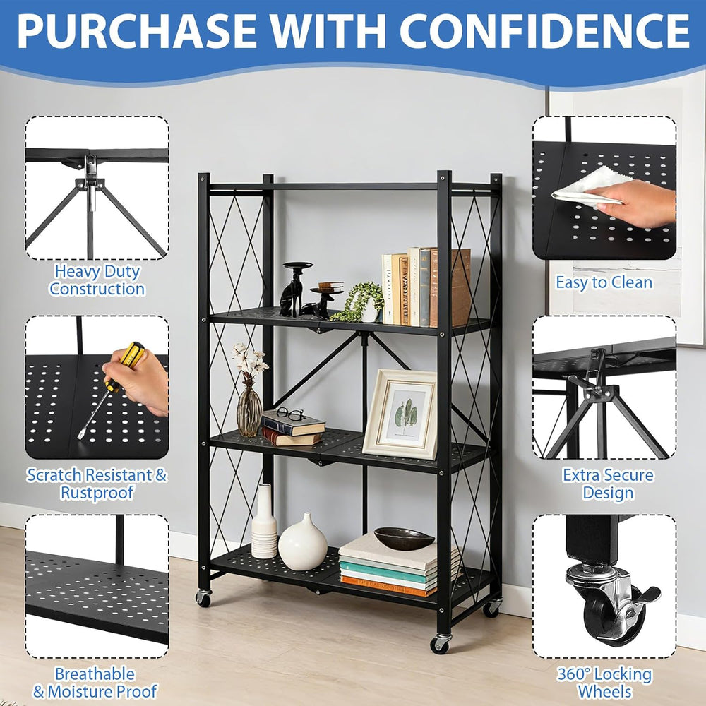 4-Tier Foldable Storage Shelf with Wheels, Metal Collapsible Shelving Unit, H...