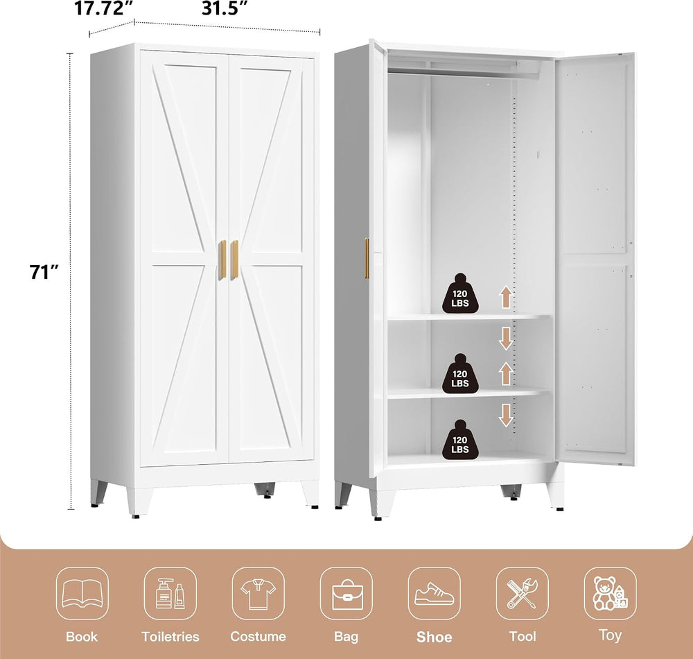 LCAOPC 71" Tall Metal Wardrobe Closet with Adjustable Shelves and Hangin...
