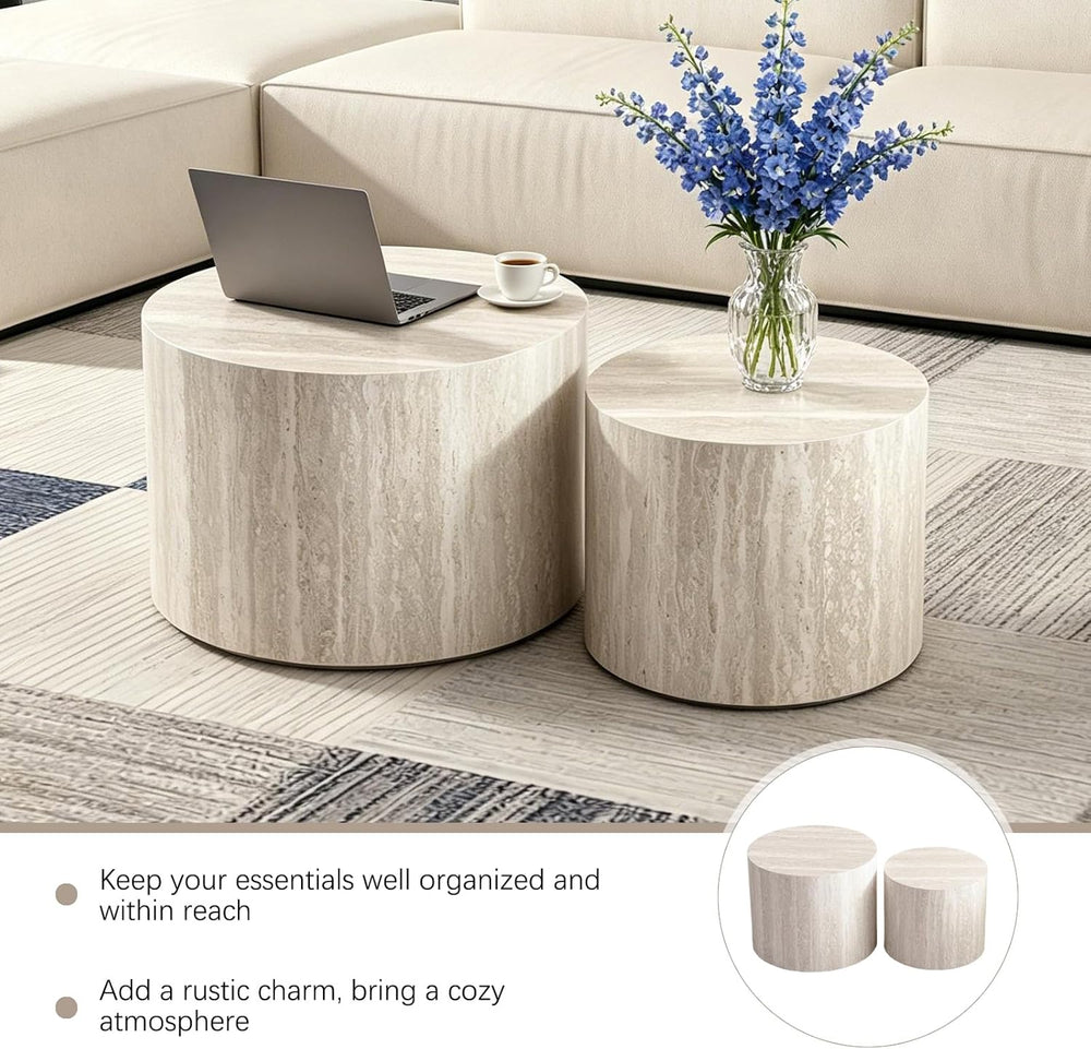 Modern Nesting Coffee Table Set of 2 Round Travertine Finish Nesting Tables S...