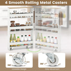 MAT EXPERT Slim Rolling Storage Cart, 4-Tier Freestanding Slim Storage Cart with Wheels 360 Degree & Metal Handle, Wooden Utility Cart for Narrow Kitchen, Laundry Room, Bathroom (White + Natural)