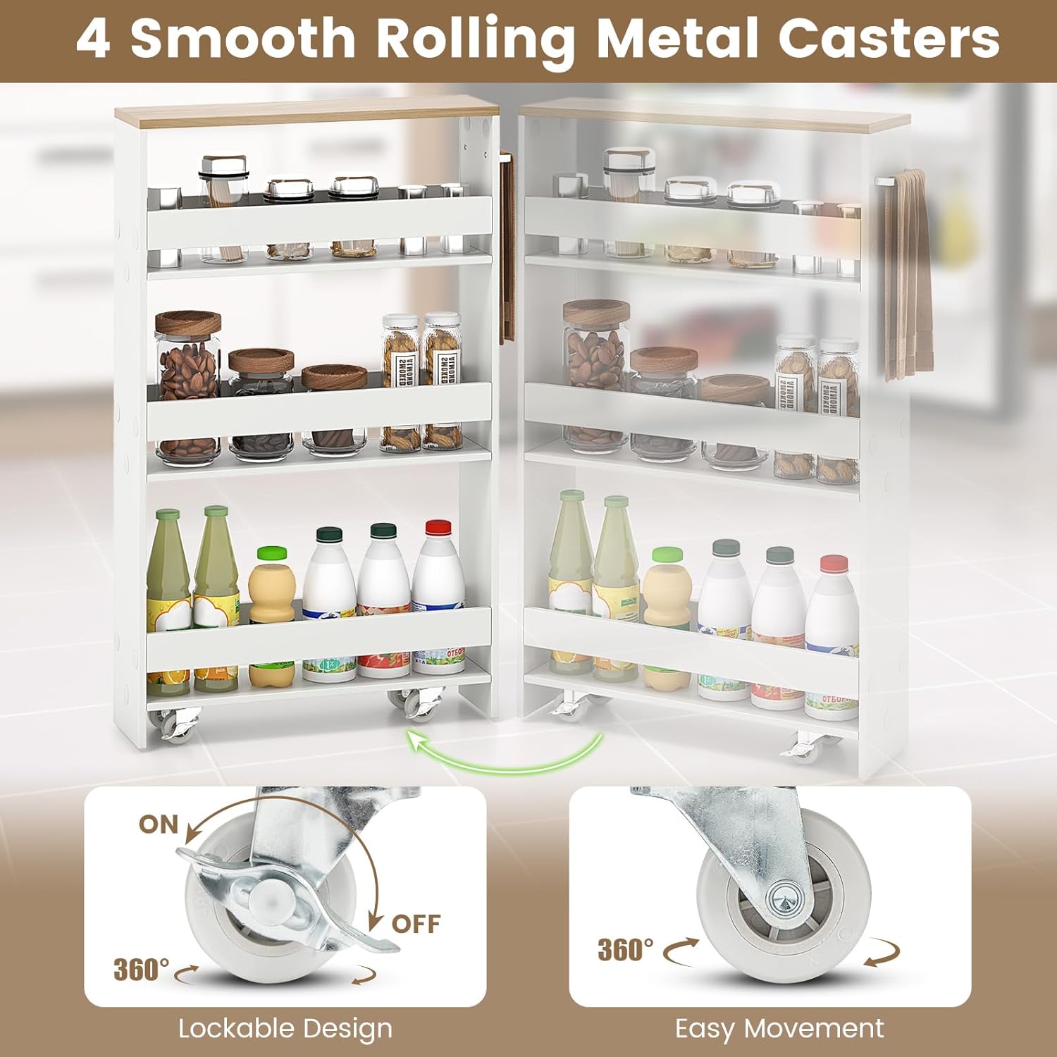 MAT EXPERT Slim Rolling Storage Cart, 4-Tier Freestanding Slim Storage Cart with Wheels 360 Degree & Metal Handle, Wooden Utility Cart for Narrow Kitchen, Laundry Room, Bathroom (White + Natural)