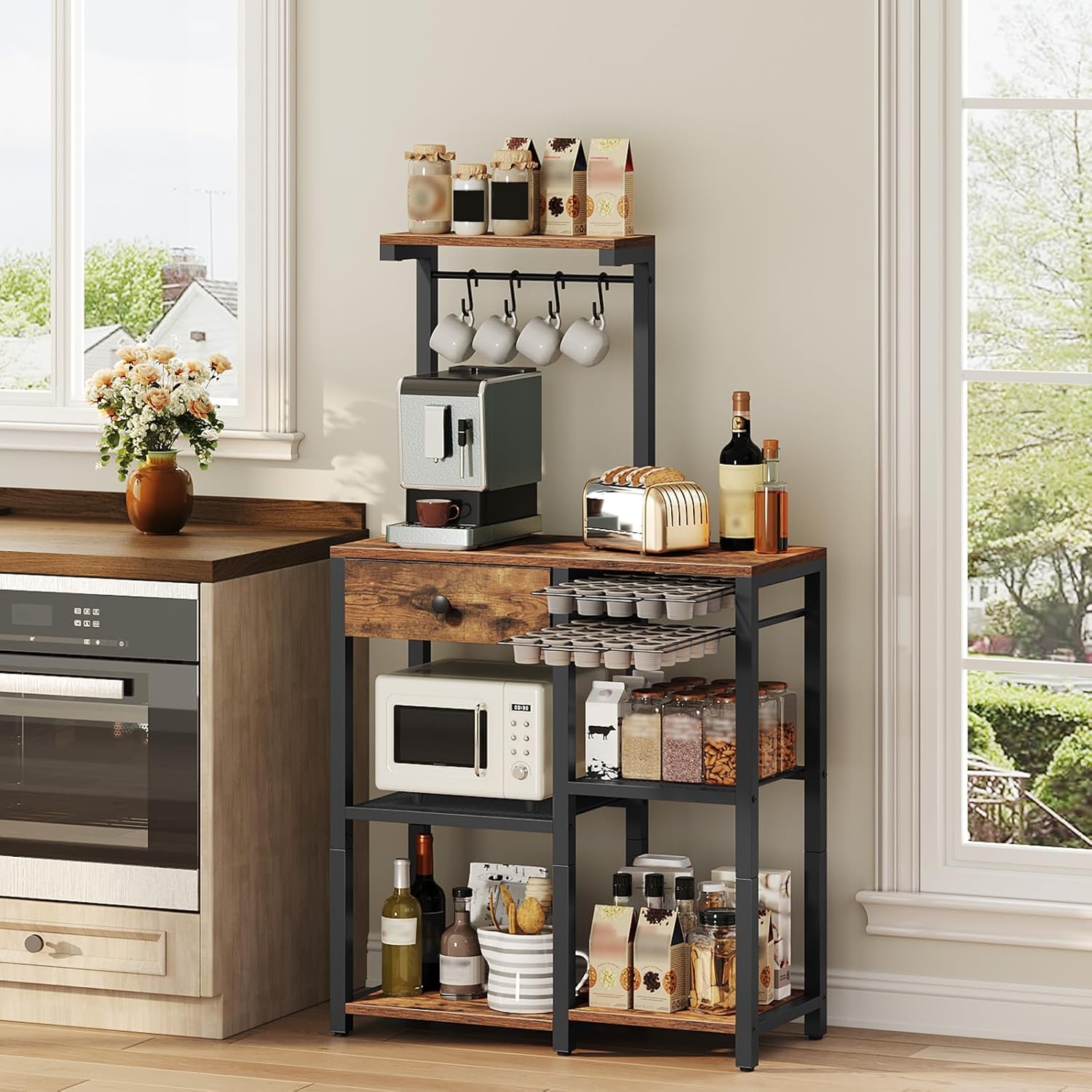 YATINEY Bakers Rack with Storage, 5-Tier Coffee Bar Station with Drawer, Kitchen Coffee Stand with Pod Drawer Holder, for Living Room, Home Cafe, Kitchen, Rustic Brown KF60BRY1