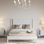 Bme Ethan Queen Bed Frame with Diamond Headboard, Mid-Century Modern, Solid Acacia Wood, No Box Spring Needed, Fits All Mattresses, Rustic White