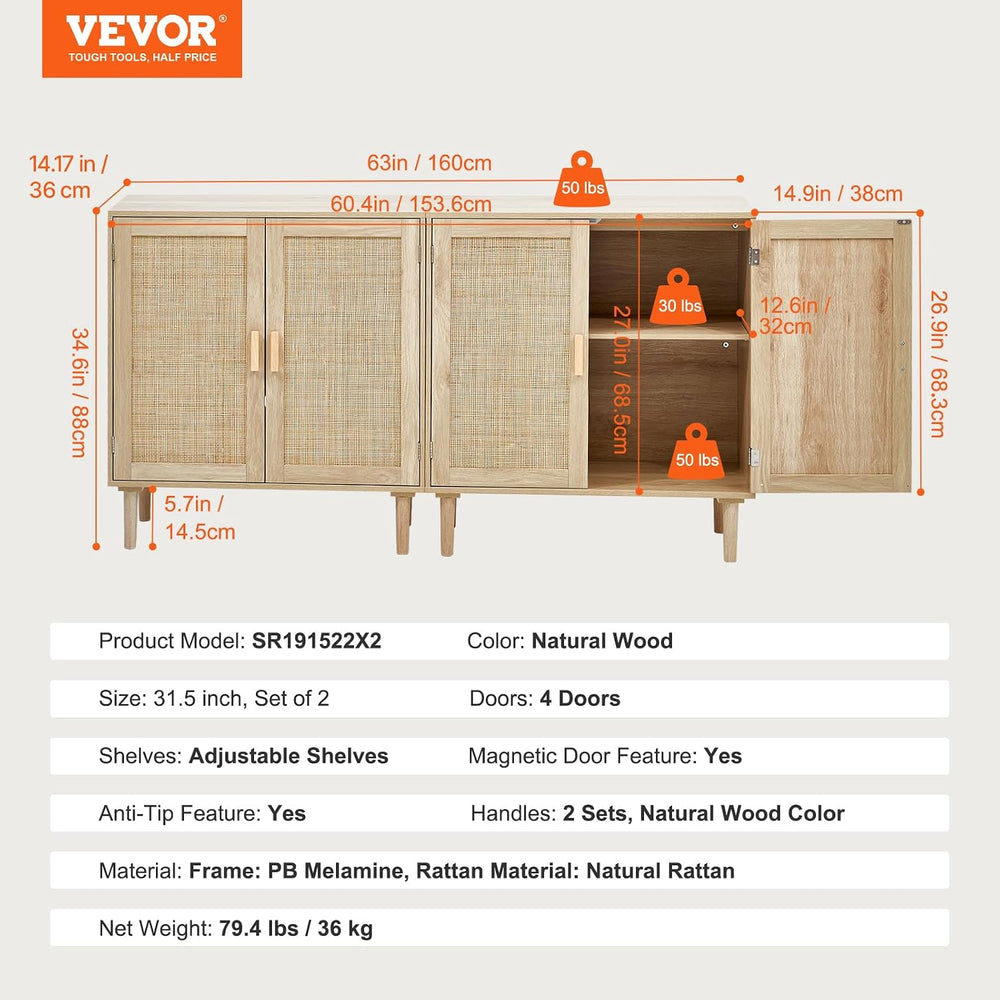 VEVOR Rattan Buffet Cabinet with Storage, 4 Magnetic Doors and Adjustable She...
