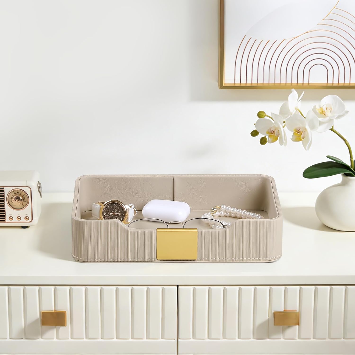 Valet Tray Organizer Keay Bowl Catchall Tray Nightstand Organizer | PU Leather, Brass Accents Block, Soft Lining, Larger Size, Waterproof And Stain-Resistant