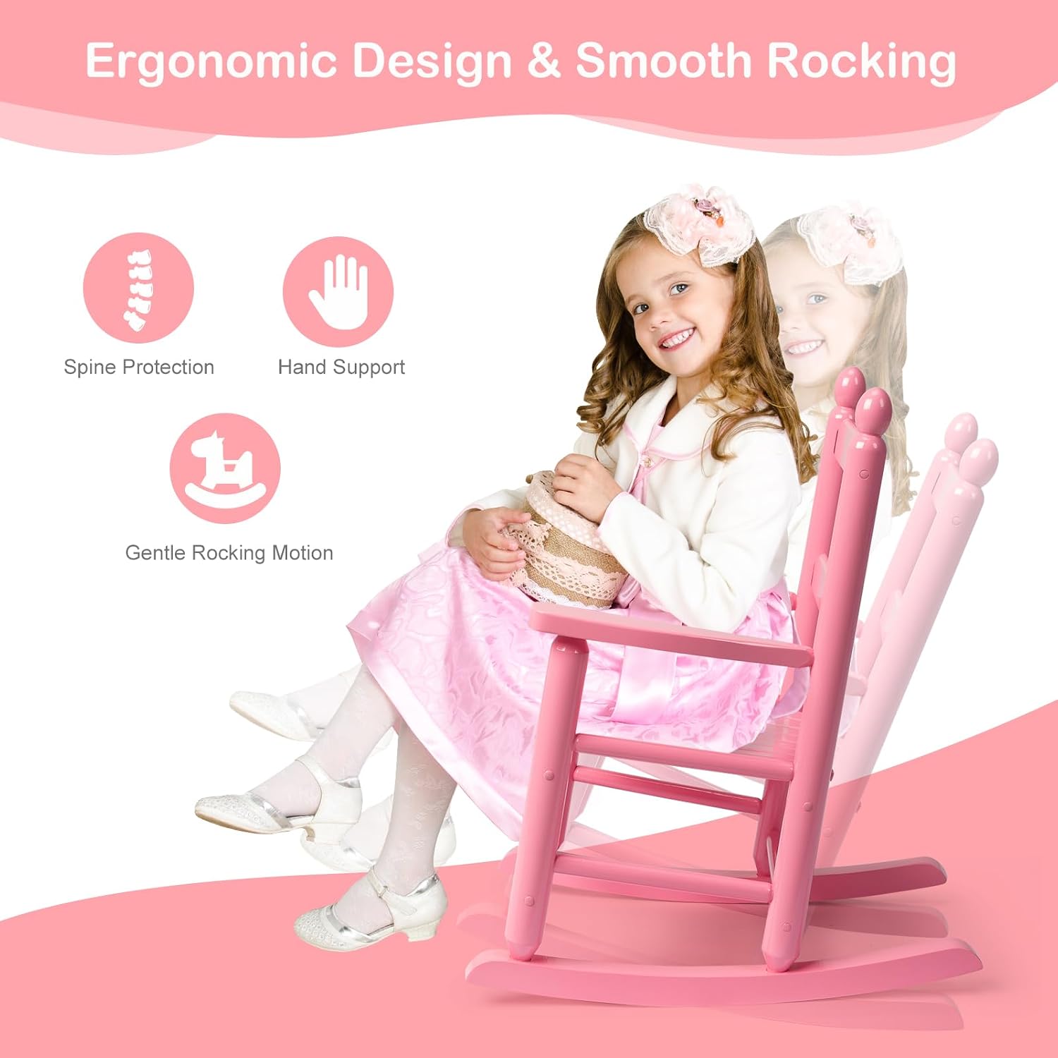 Kids Rocking Chair, Design Support Ages 3-6 for Outdoor, Pink | Solid Wood Toddler Baby Rocker, High Backrest & Rounded Armrests and Ergonomic, Living Room or Reading Room Use