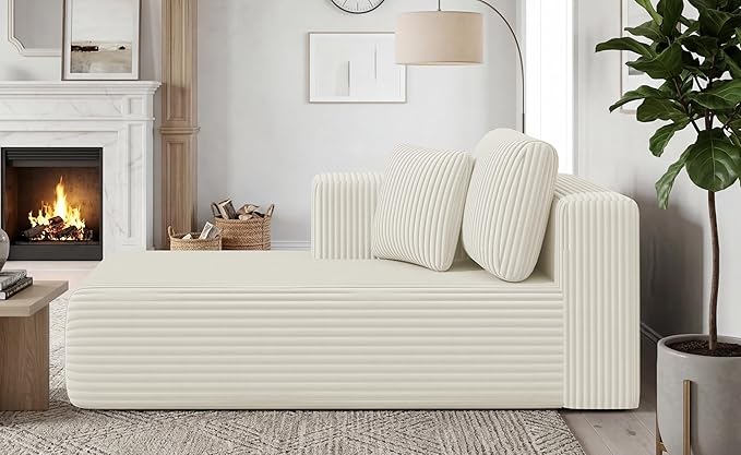 KINGYES Boneless Chaise Lounge Chair for Modular Sectional Sofa, L Shape Corduroy Upholstered Chaise Lounge for Living Room, Beige