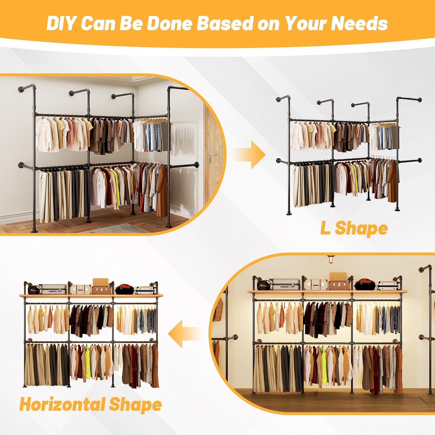 Industrial Pipe Clothing Rack, Reversible 118.3'' Clothes Rack for Hanging Clothes, Black Wall Clothing Rack Wall Mounted Rack for Walk-in Closet, Laundry Room or Retail Display (丨丨丨)