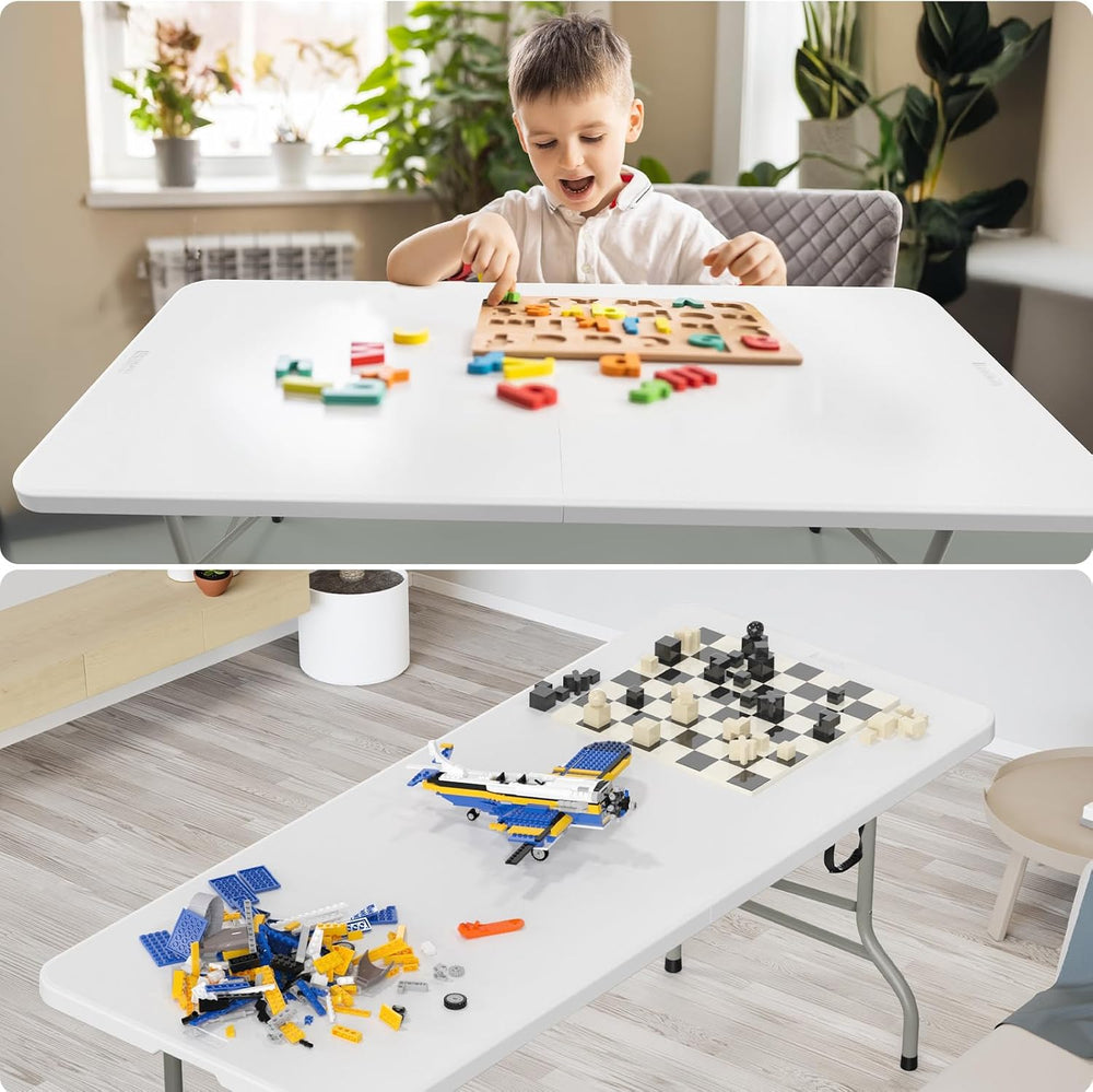Bonnlo 2P Folding Table 6ft, Portable Collapsible Plastic White Long Tables f...