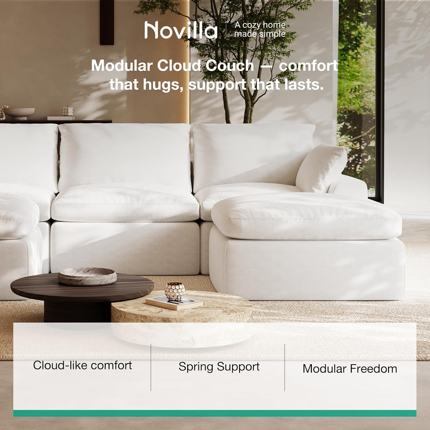 Novilla Modular Cloud Couch, Modern Sectional Sofa with Smarts Coil® Support, Chenille Fabric, Upholstered Couch for Living Room Apartments Bedroom, No Assembly, Ottoman, White