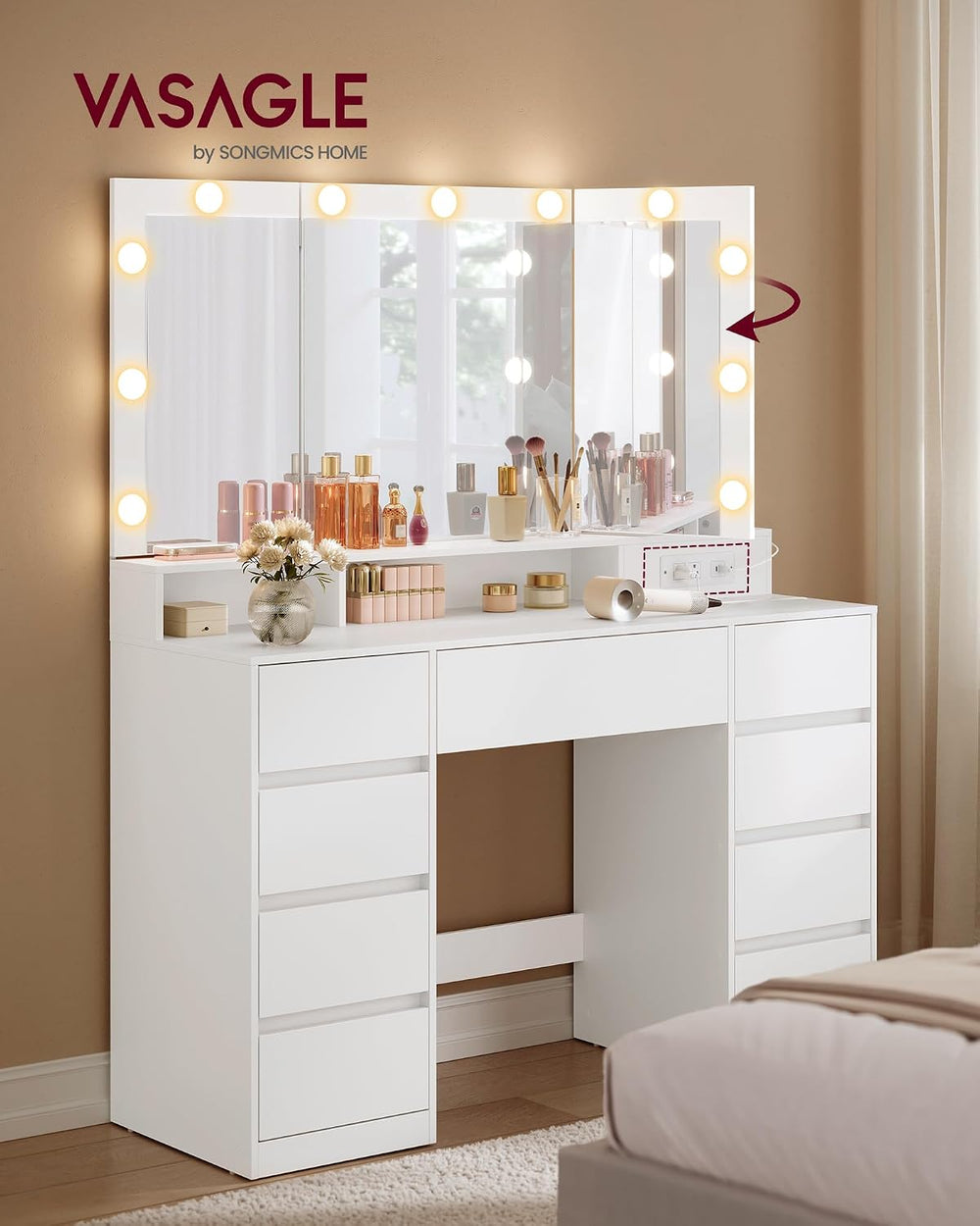 VASAGLE Kailyn Collection - Vanity Desk with Tri-Fold Mirror, Makeup Table wi...