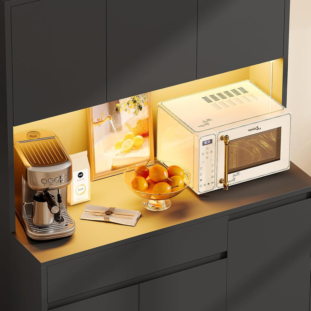 TEENFON Pantry Cabinet with Charging Station and LED Light, Kitchen Pantry Ca...
