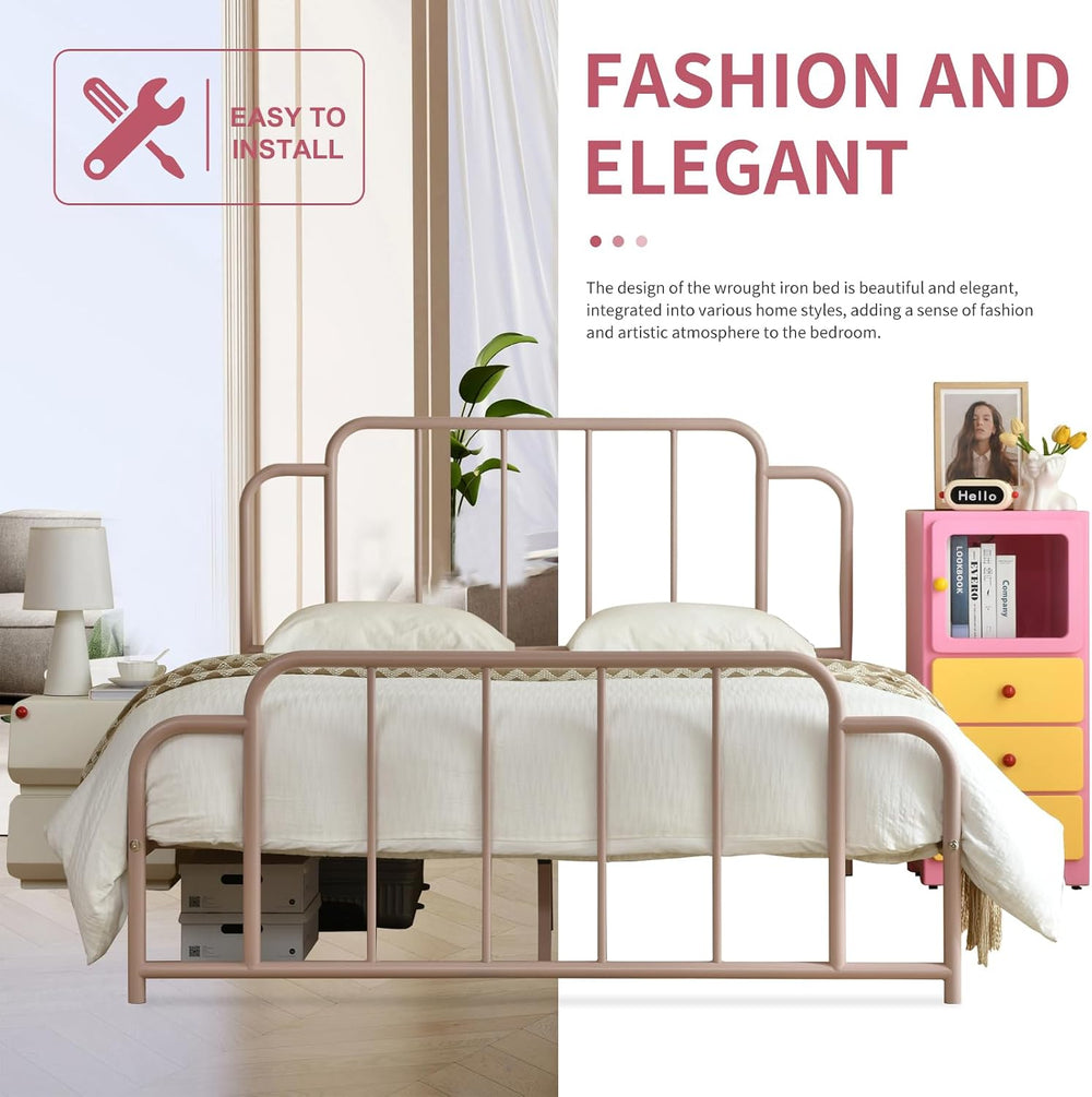PINJU Pink Bed Frame,Full Size Metal Bed with Headboard and Footboard