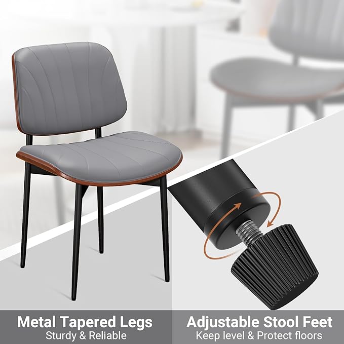 Dining Chairs Set of 6, Mid-Century Modern Upholstered PU Leather Chairs with Walnut Back and Metal Legs Adjustable Feet for Kitchen Dining Room, Dark Gray Shell Strips