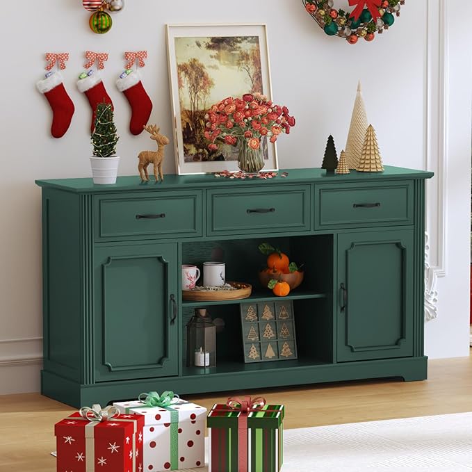 ARTPOWER TV Stand with 3 Drawers for TV up to 65'', Wood Mid Century Television Cabinet with Adjustable Shelves, Entertainment Center with Storage, Console for Living Room, Green