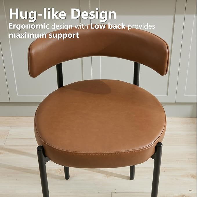 Faux Leather Dining Chairs Set of 4, Mid Century Modern Dining Room Chairs with Barrel Backrest, Upholstered Brown Kitchen Chairs for Dining Room, Restaurant
