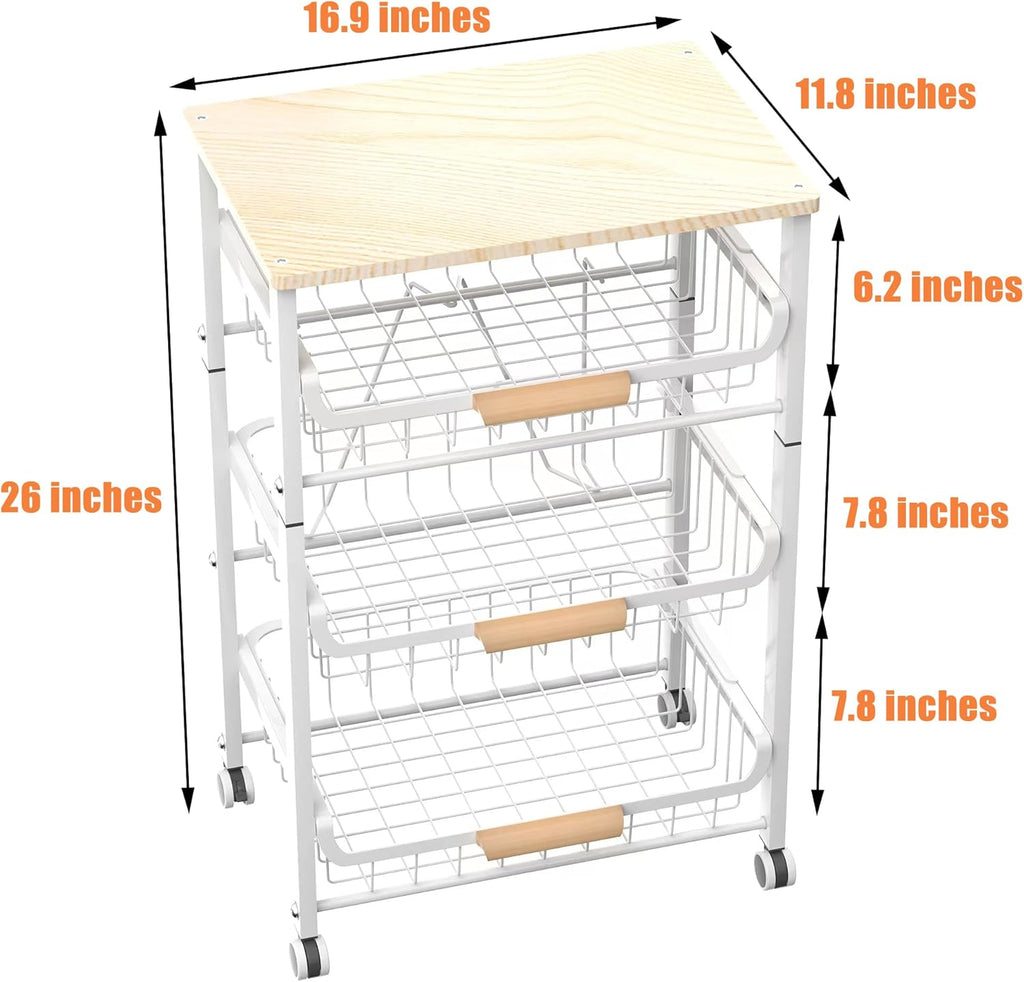 4-Layer Fruit Basket Kitchen Food Storage Organizer and Storage Rack, Stackable Storage cart with Desktop, Pull-Out Hollow Metal Storage Basket, liding Out Storage,White