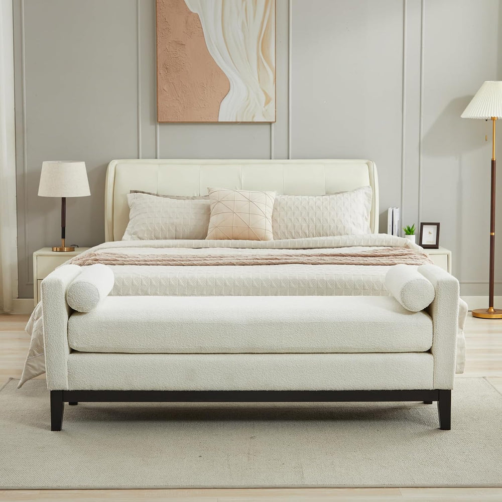 End of Bed Bench for Bedroom, 66.34'' Boucle Fabric Long King Size Be...