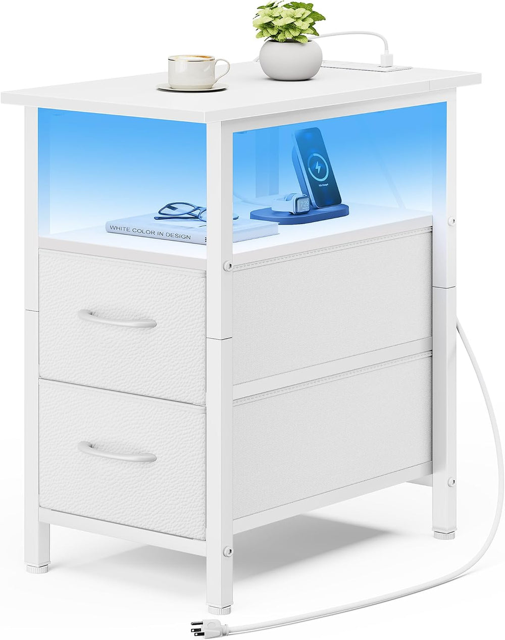 Vagusicc White Nightstand with Charging Station and LED Lights, Narrow Side T...
