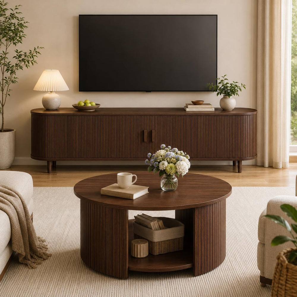 Living Room Table Set of 2, 65" Mid Century Modern TV Stand with Power O...