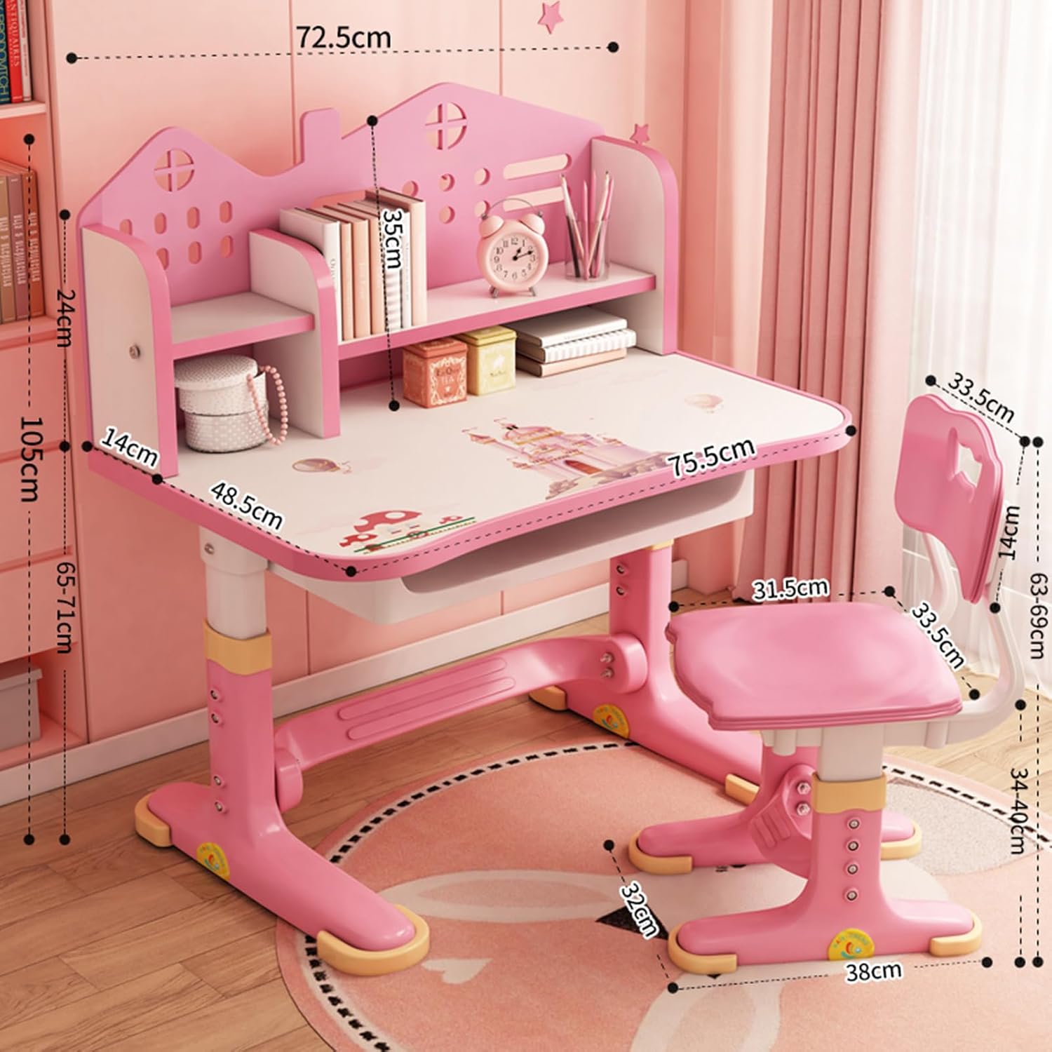 Kids Desk and Chair Set, Kids Functional Desk and Chair Set for Kids 6-12, Height Adjustable Children Study Desk, Upgraded Writing Study Table, Suitable Gift for Girls Boys (Pink)