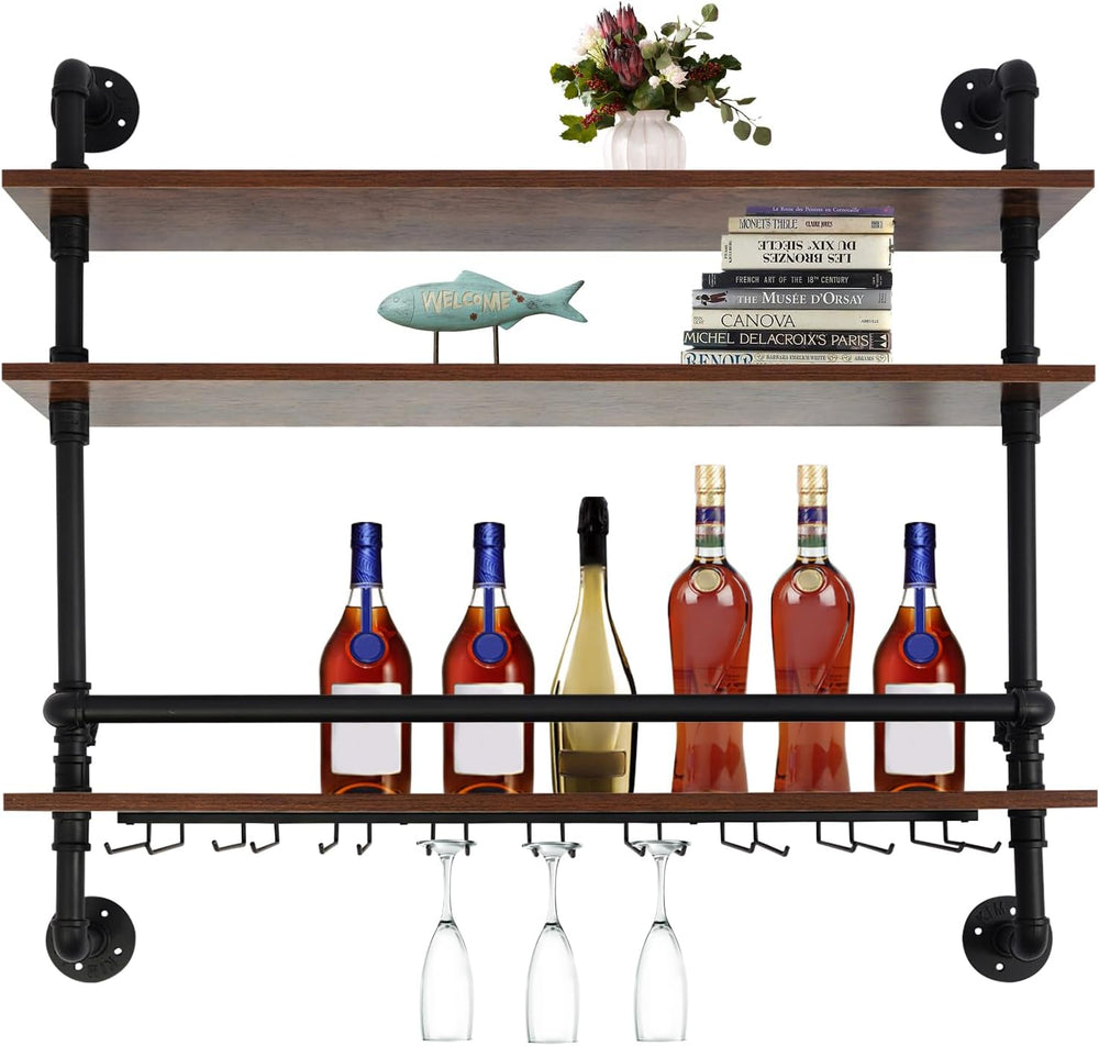 36in Rustic Metal Floating Bar Shelves Wall Mounted, 3-Tier Industrial Pipe S...