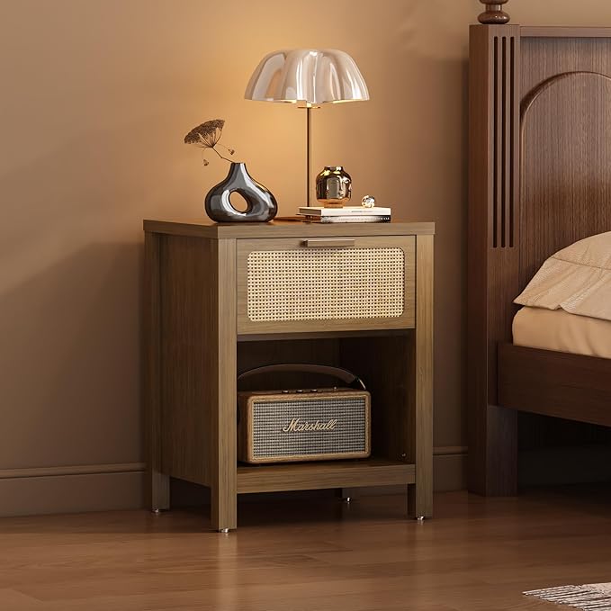 Rattan Nightstand, Mid Century Modern Bedside Table with Opening Storage,Larg...