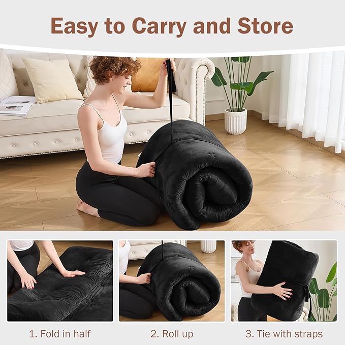 Japanese Floor Futon Mattress Twin Size 38"x 80", 2.5'' Thick Foldable Roll Up Floor Bed Sleeping Pad, 25D Foam Filled Tatami Mat with Straps for Guest Room, Dormitory & Camping, Black