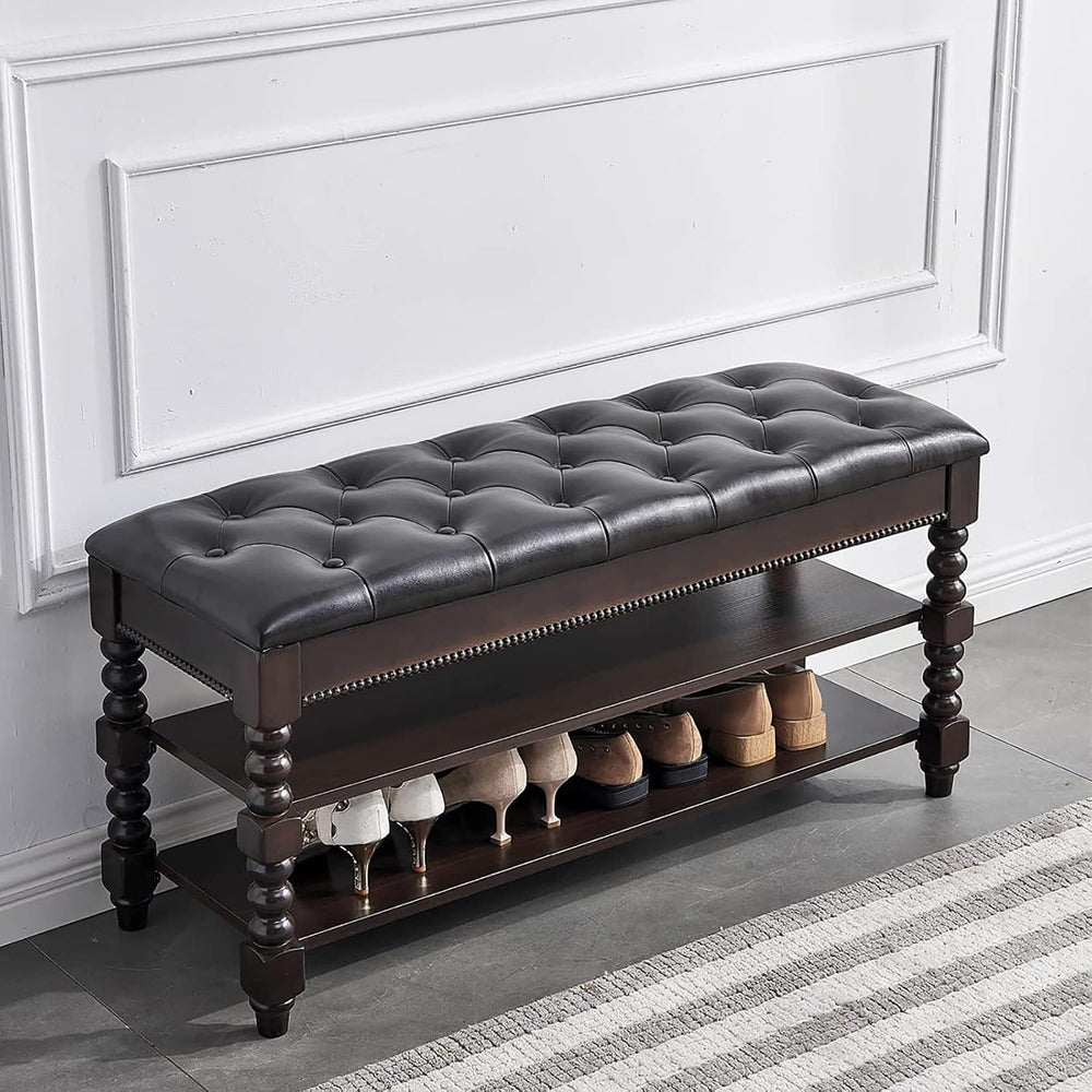 LEILISI Shoe Bench, Wood Storage Bench with Cushion Seat, Shoe Rack with Hidd...