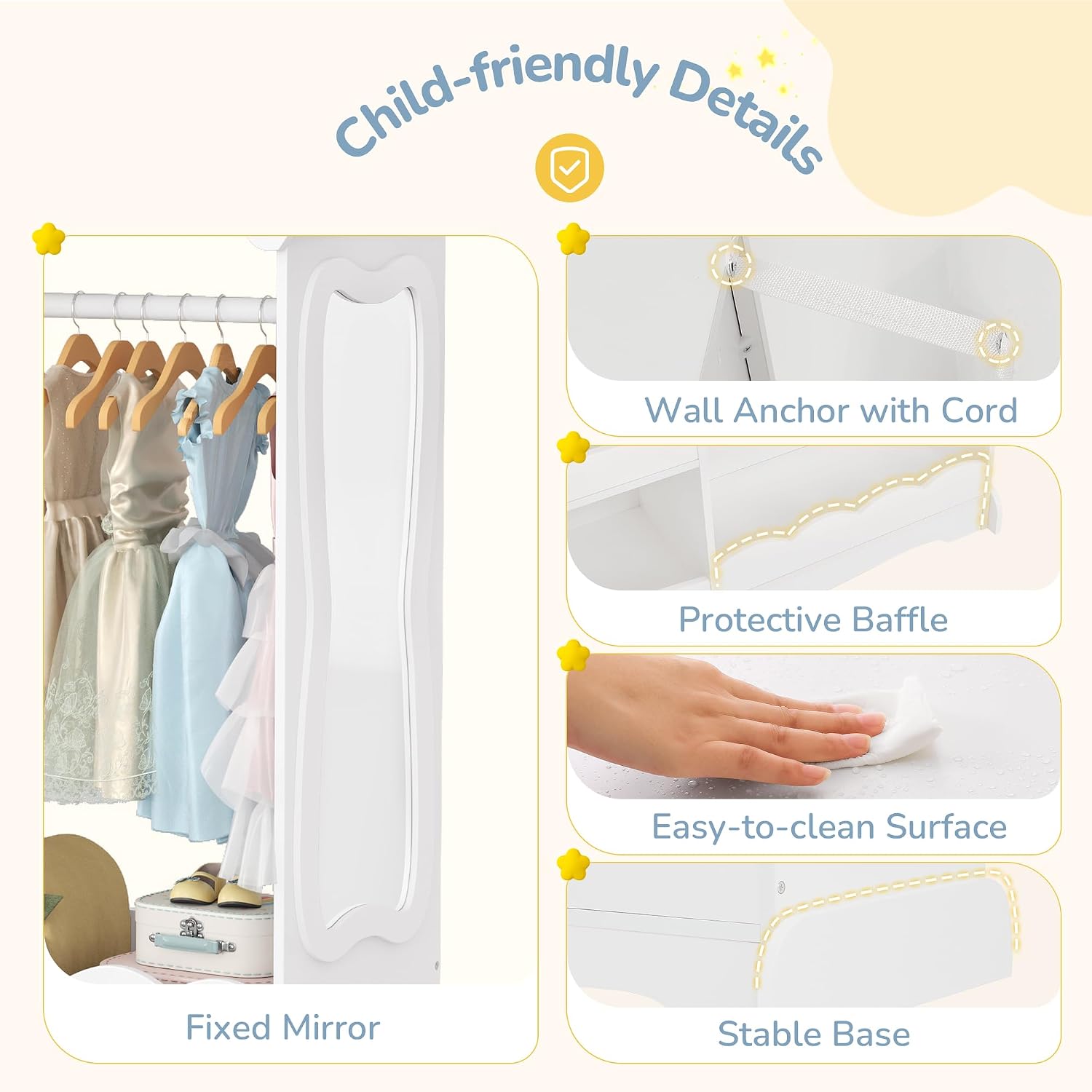 Curipeer Dollhouse Kids Dress Up Storage with Full-Length Mirror & Touch Activated Light, Open Hanging Kids Wardrobe Closet, Toddler Dress up Rack, Armoire Costume Organizer for Playroom, White