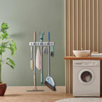 White Mop Broom Holder Wall Mount with 3 Slots & 4 Hooks - Wood Broom Mop Hanger for Pantry Kitchen Organization - Garden Tool Organizer for Closet Laundry Room