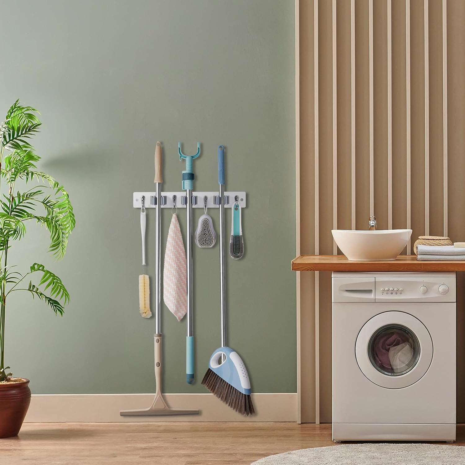 White Mop Broom Holder Wall Mount with 3 Slots & 4 Hooks - Wood Broom Mop Hanger for Pantry Kitchen Organization - Garden Tool Organizer for Closet Laundry Room