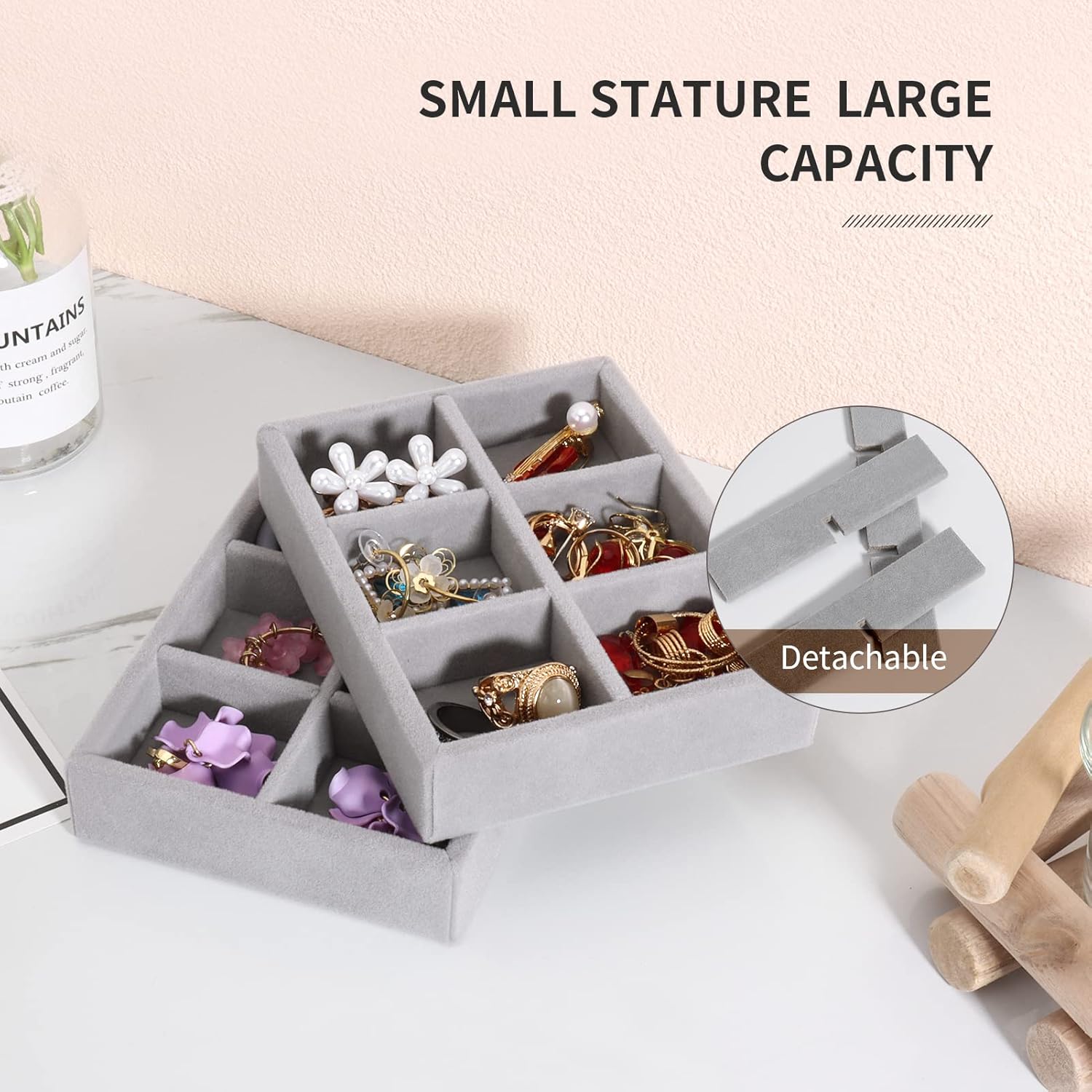 DesignSter Small Jewelry Tray, 2PCS Ring Organizer, Velvet Jewelry Display Tray, Stackable Jewelry Organizer Trays, Jewelry Drawer Organizer Inserts For Dresser, Jewelry Box (Gray)