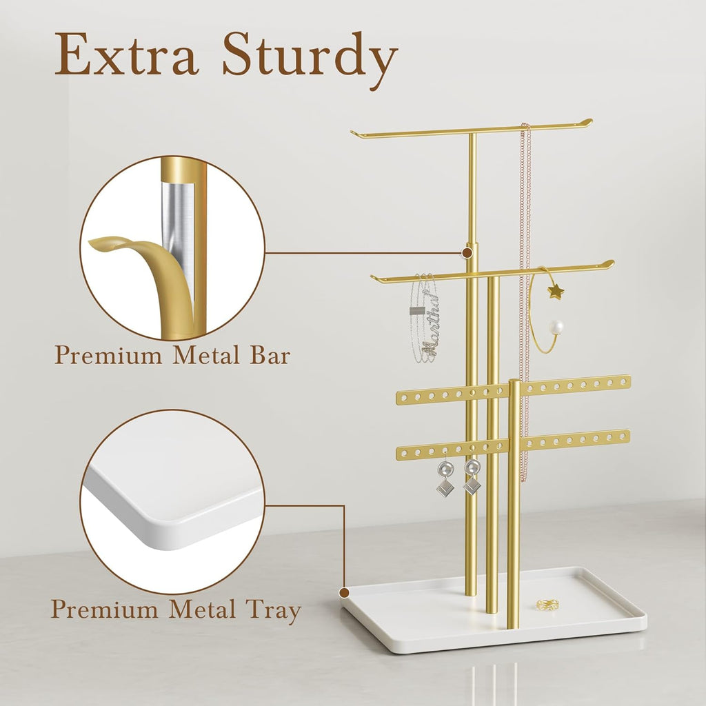 Jewelry Holder Organizer Stand - Adjustable Jewelry Tree 17.5" Height (Max), Jewlery Hanger for Necklaces, Bracelets, Earrings, Aesthetic for Storage and Display, Metal, Gold and White