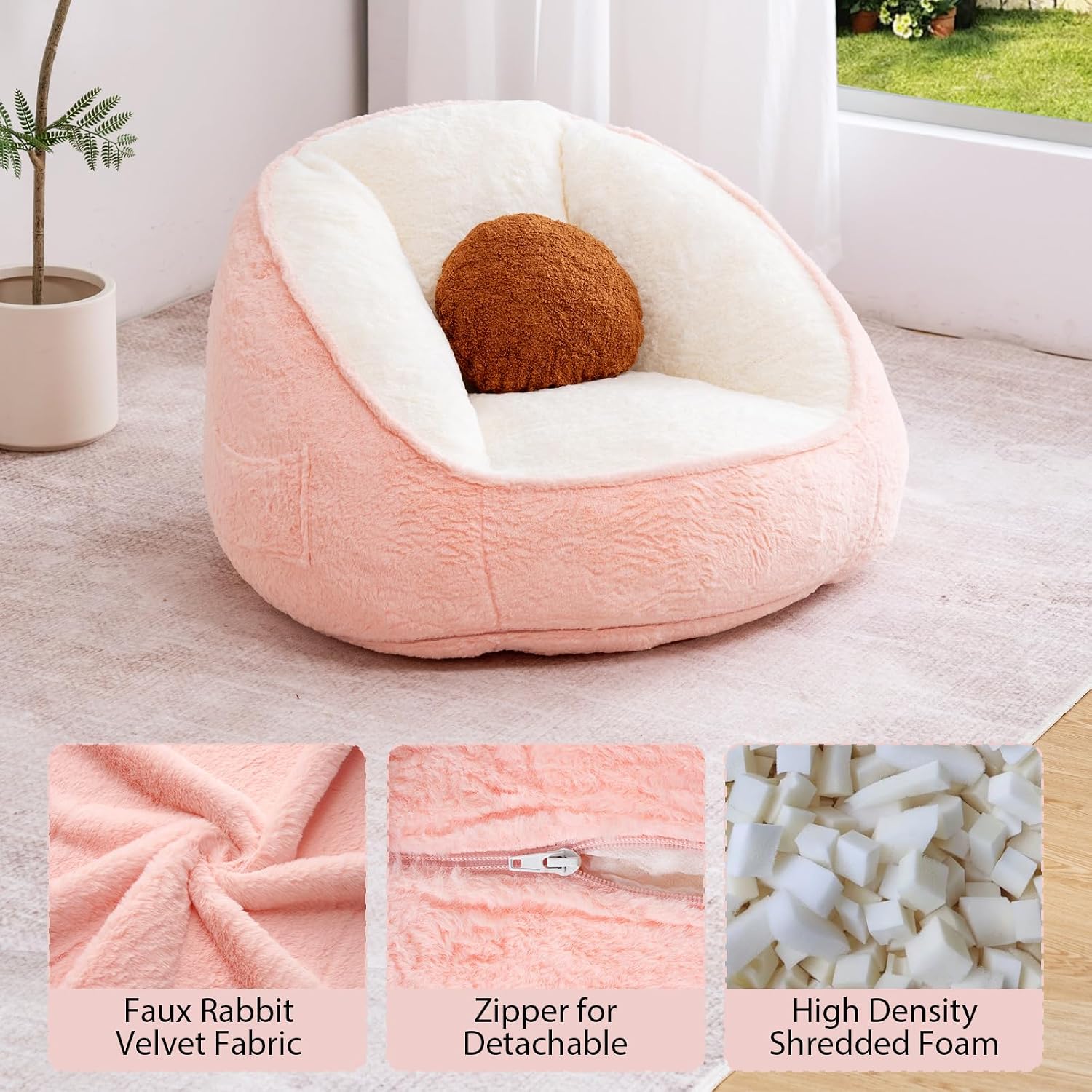 HOMMPA Bean Bag Chair for Teens Comfy Faux Fur Bean Bag Couch with Back Support Stuffed Lazy Floor Sofa for Living Room Bedroom Dorm Peach Pink