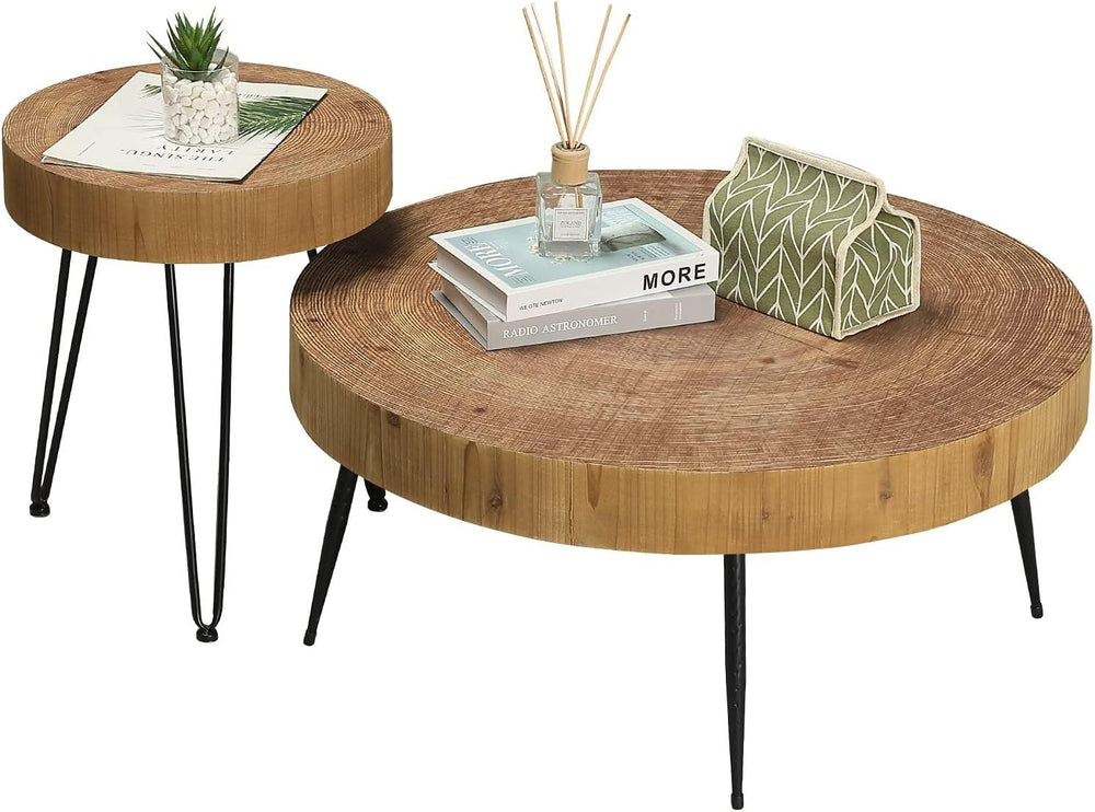 RUSTOWN Farmhouse Round Coffee Table Set of 2, Cocktail Table Sets | Modern C...