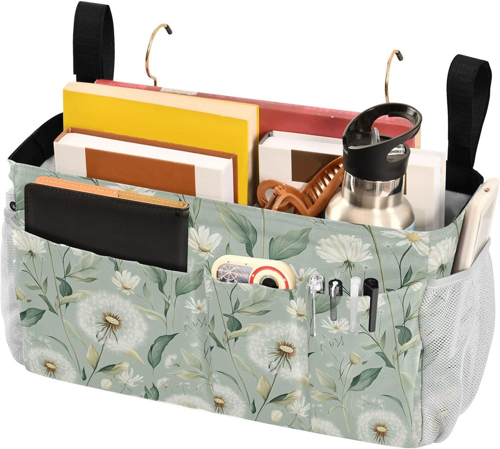 Sage Green Dandelion Bedside Caddy for Dorm Bed Bedside Hanging Caddy Bag Iron Frame Storage Organizer Pocket for Bunk Home College Hospital Beds 2 Hooks