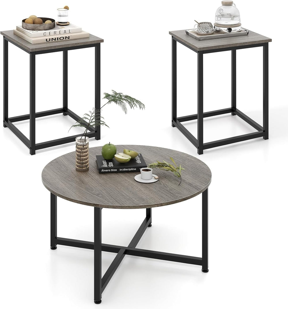 GIANTEX Round Nesting Table Set of 3, Farmhouse Living Room Table Set, Oak | ...