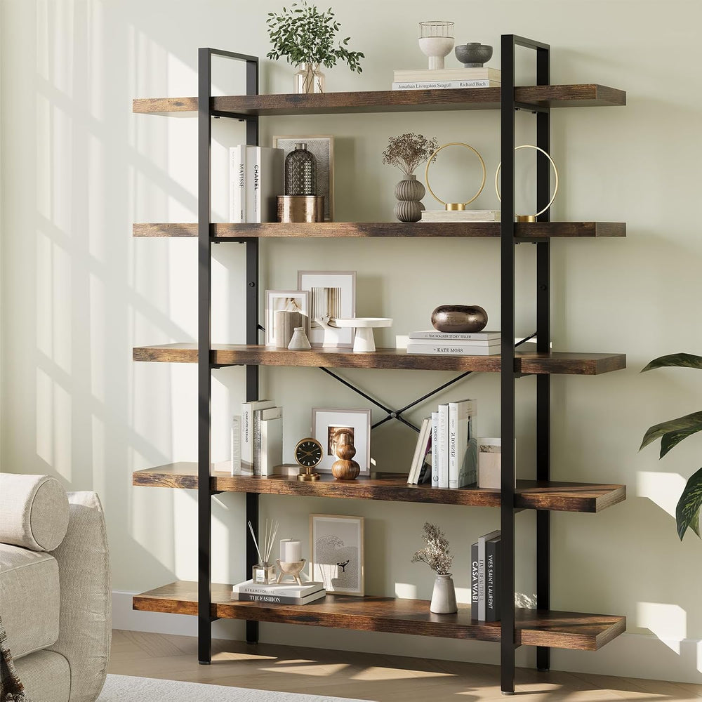Heavy Duty 5 Tier Industrial Bookcase for Home Office, Rustic Brown