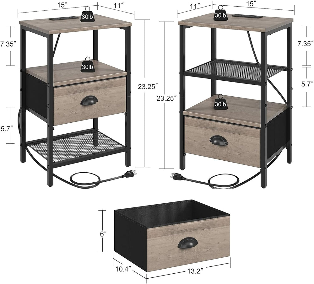 sthmec Nightstands Set of 2, Night Stands with Charging Station and Fabric Dr...