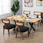 Upholstered Rattan Dining Chairs Set of 4, Mid-Century Modern Fabric Dining Room Chairs with Brown Hardwood Frame, Curved Backrest Kitchen Armless Accent Chairs for Living Room (Black)