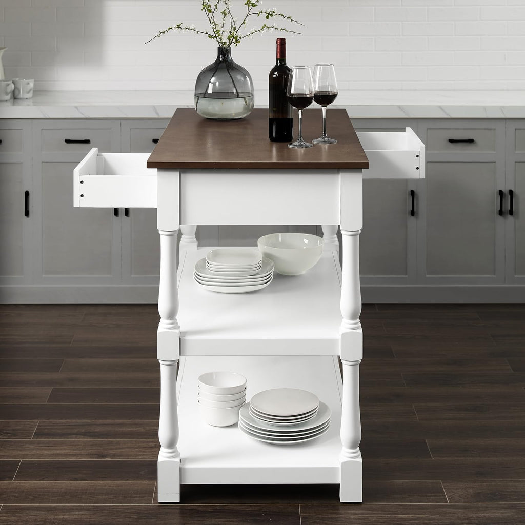 HomeStock Kitchen Island with Wood Top - 42" Wide - White & Dark Brown Finish